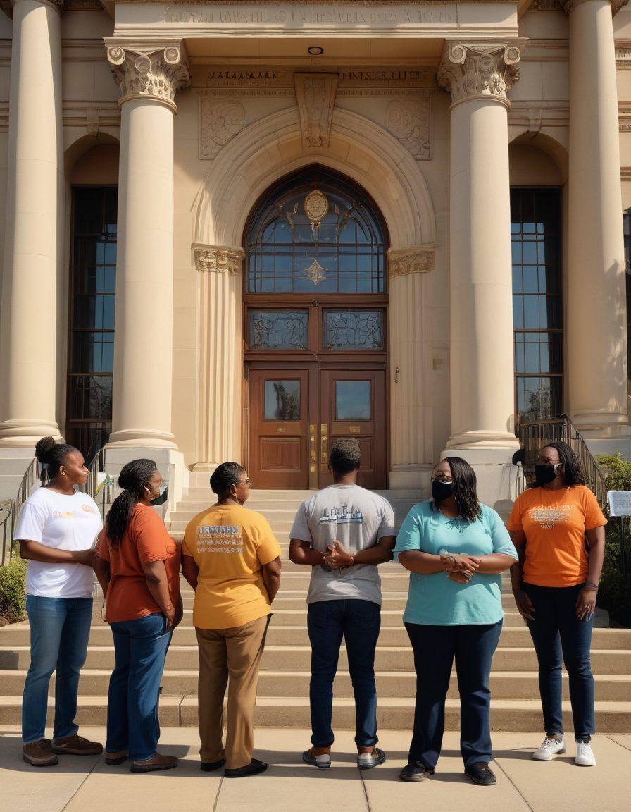 A diverse group of individuals, representing former offenders, stands united in front of a large, intricately detailed courthouse, embodying hope and resilience. Visible in the background are various symbols of support, such as a community center, a counselor’s office, and friends/family offering encouragement. Soft sunlight illuminates the scene, showcasing determined expressions as they attentively discuss pathways to reintegration. The atmosphere is both supportive and empowering. super-realistic. vibrant colors.