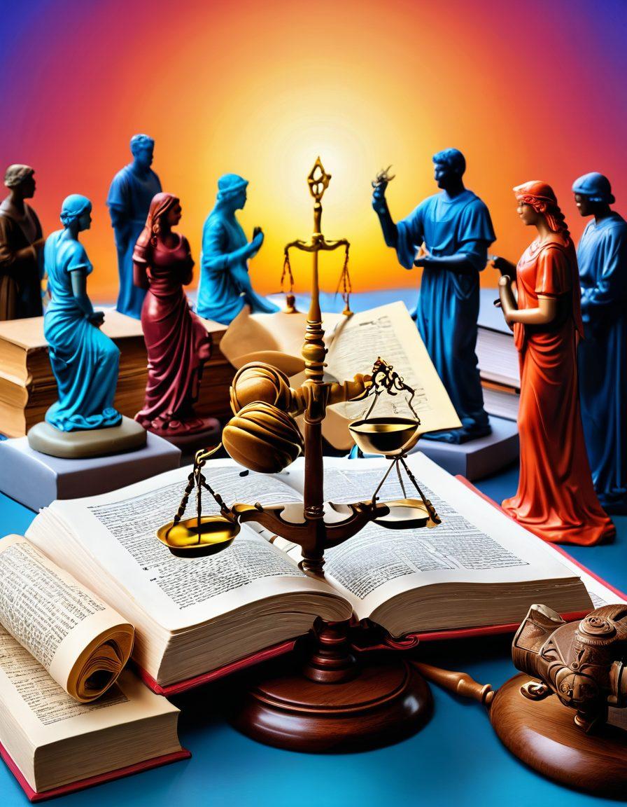 An open law book surrounded by symbols of justice, such as a gavel and scales, with a diverse group of people discussing their rights and options in the background. A pathway leading to a bright horizon symbolizes reentry and hope. The color palette should be warm and inviting to convey support and understanding. super-realistic. vibrant colors.